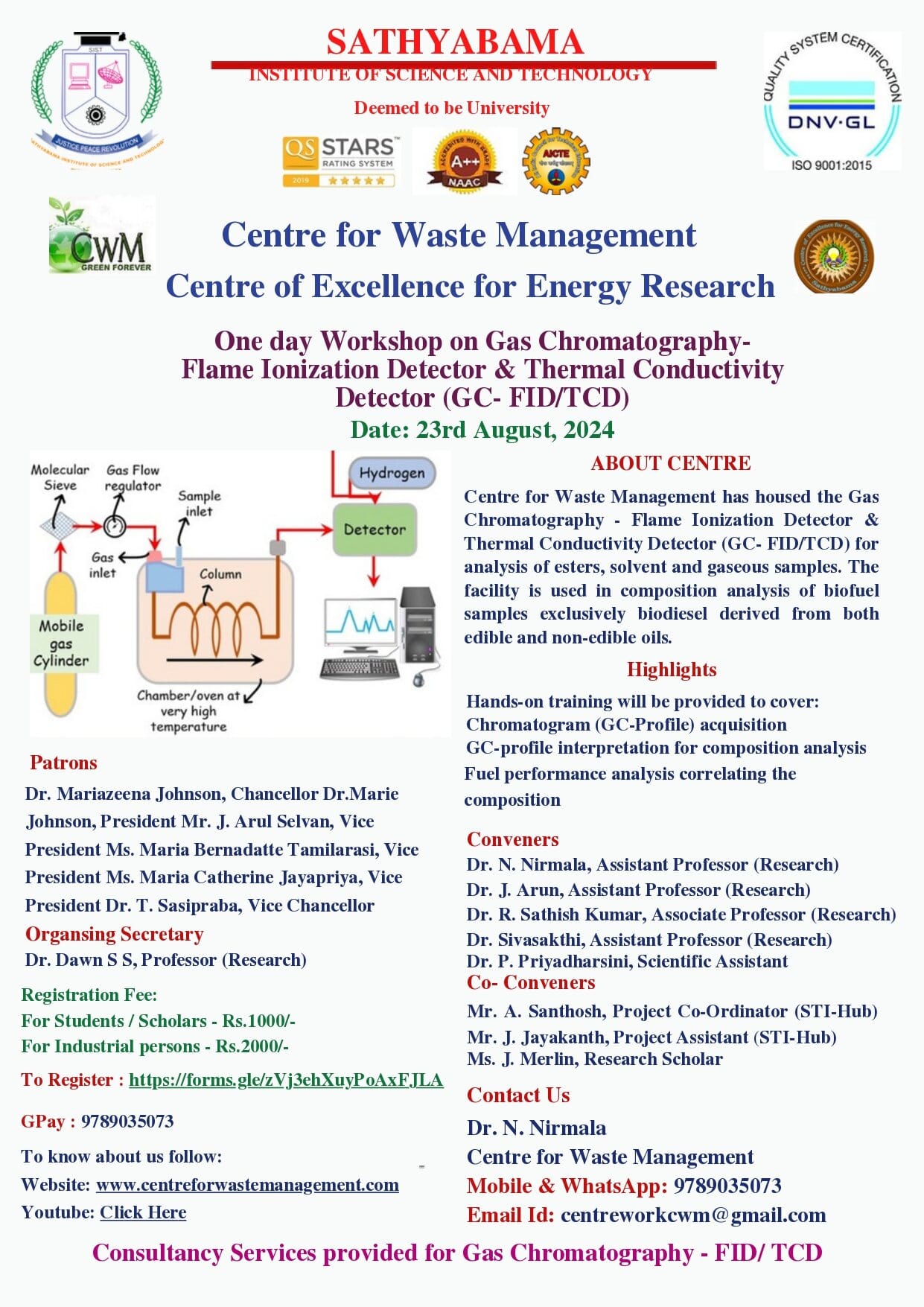 One day Workshop on Gas ChromatographyFlame Ionization Detector & Thermal Conductivity Detector (GC- FID/TCD) 2024